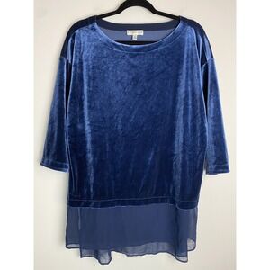Neiman Marcus‎ Womens Velvet Sheer Hem Tunic Top M Navy Chiffon Holiday Office